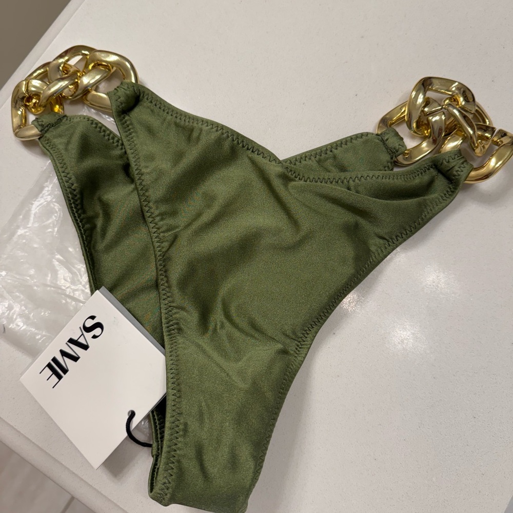 Olive Green Bikini Bottom with Gold Chain Detail
